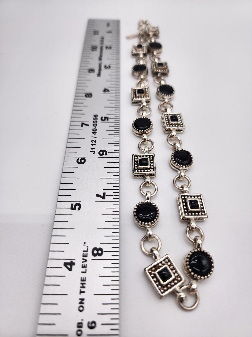 Napier Signed Silver Tone Black Cabochon Geometric Link Necklace 18.5in 90s Y2K