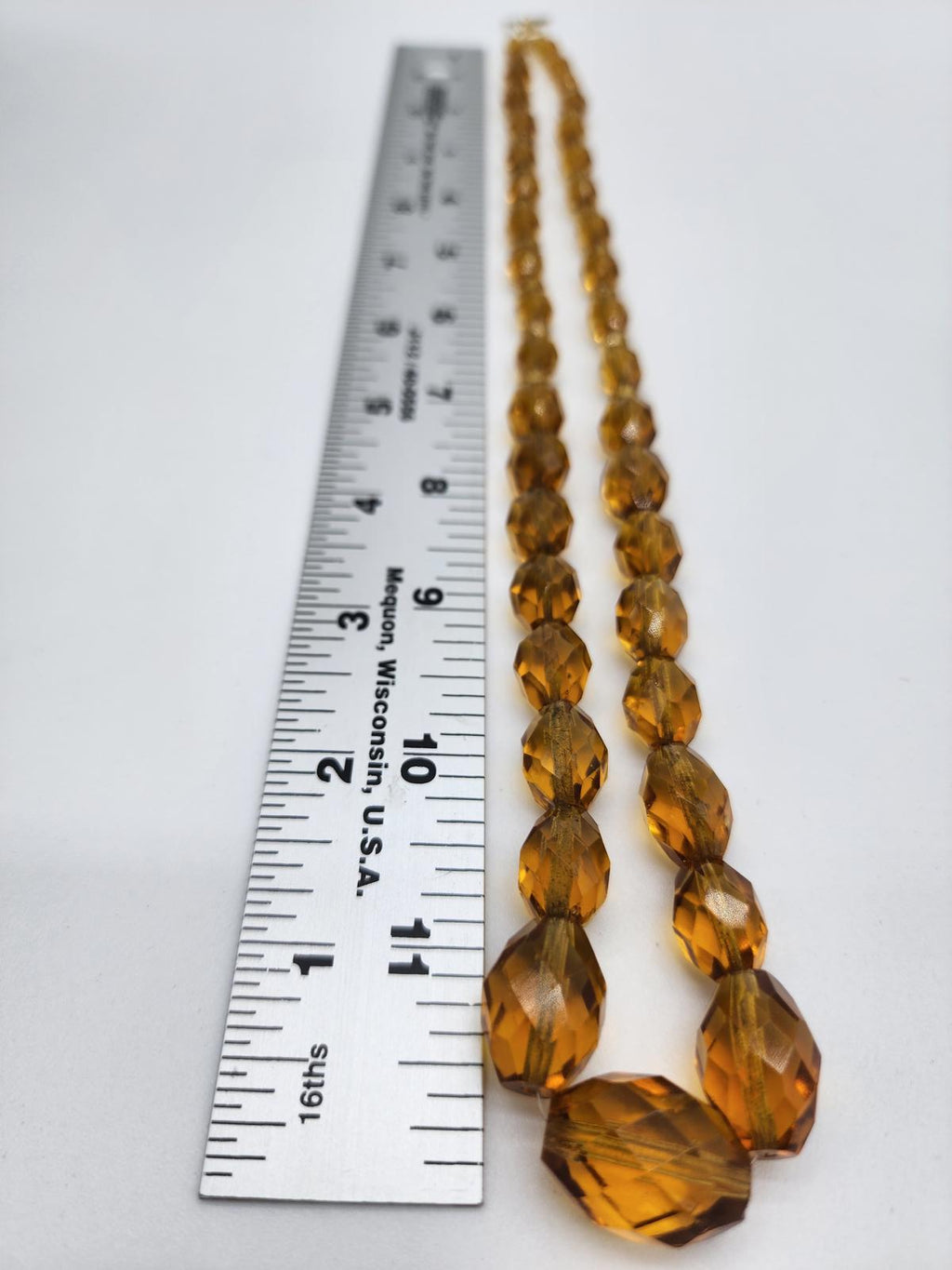 Vintage Czech Amber Glass Necklace, Art Deco, Honey/Topaz Faceted Crystal Beads