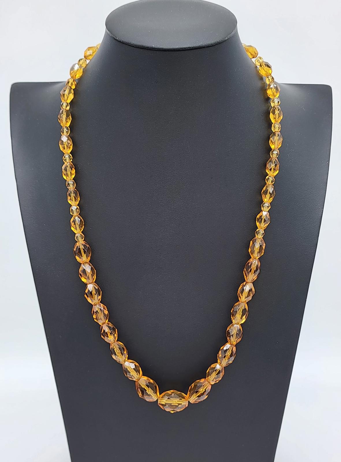 Vintage Czech Amber Glass Necklace, Art Deco, Honey/Topaz Faceted Crystal Beads