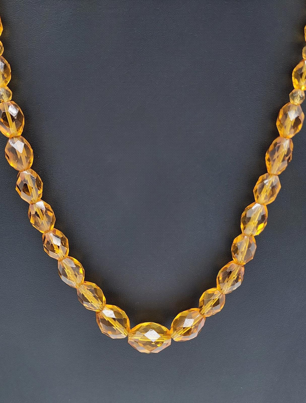 Vintage Czech Amber Glass Necklace, Art Deco, Honey/Topaz Faceted Crystal Beads