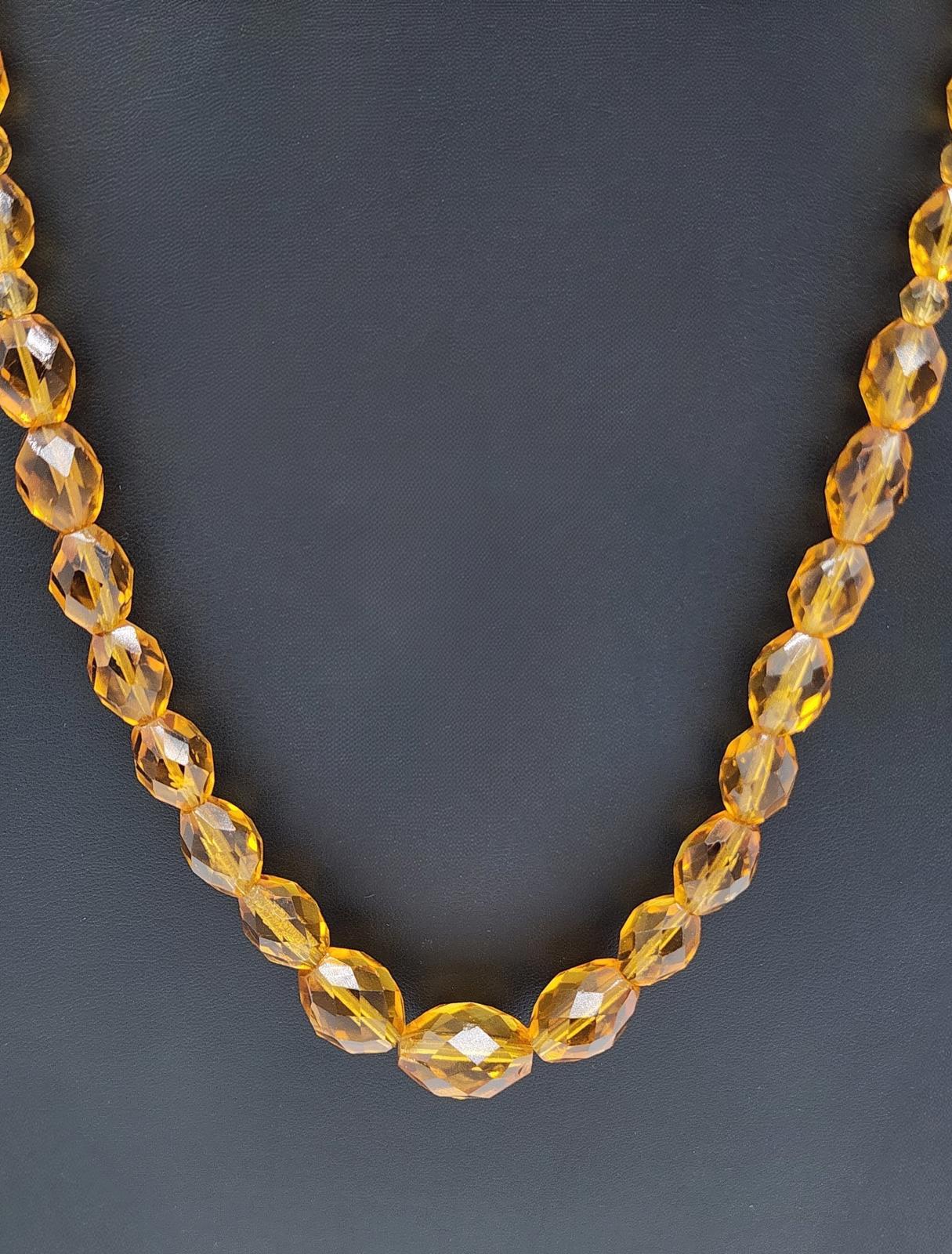 Vintage Czech Amber Glass Necklace, Art Deco, Honey/Topaz Faceted Crystal Beads