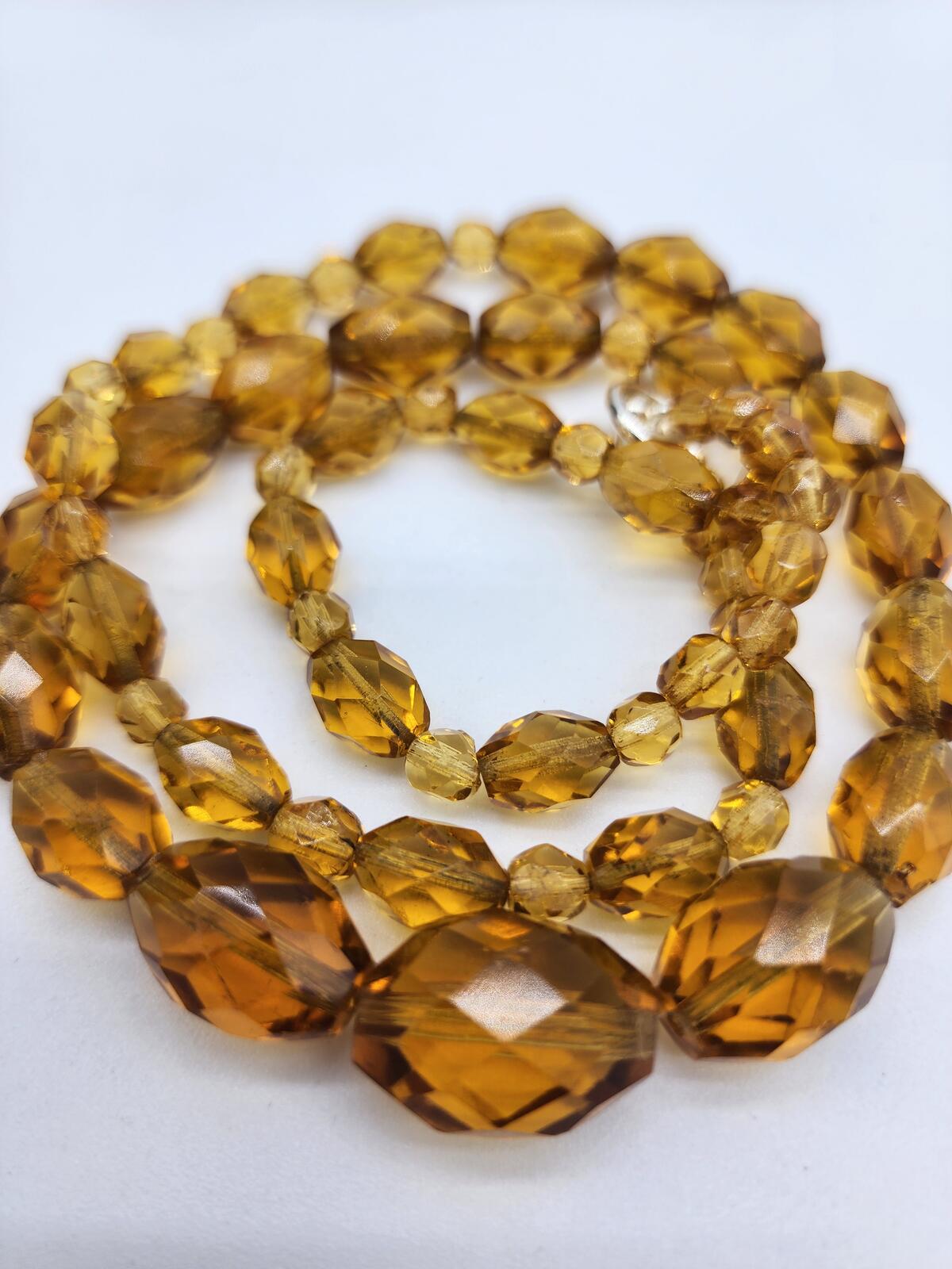Orange UV Reactive Czech Glass Necklace Cognac Honey Graduated Beads Art Deco
