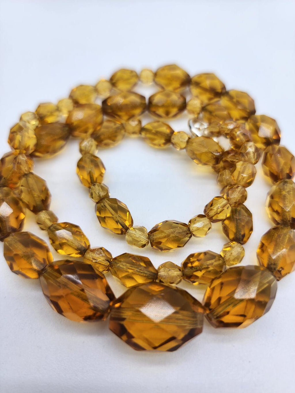 Vintage Czech Amber Glass Necklace, Art Deco, Honey/Topaz Faceted Crystal Beads