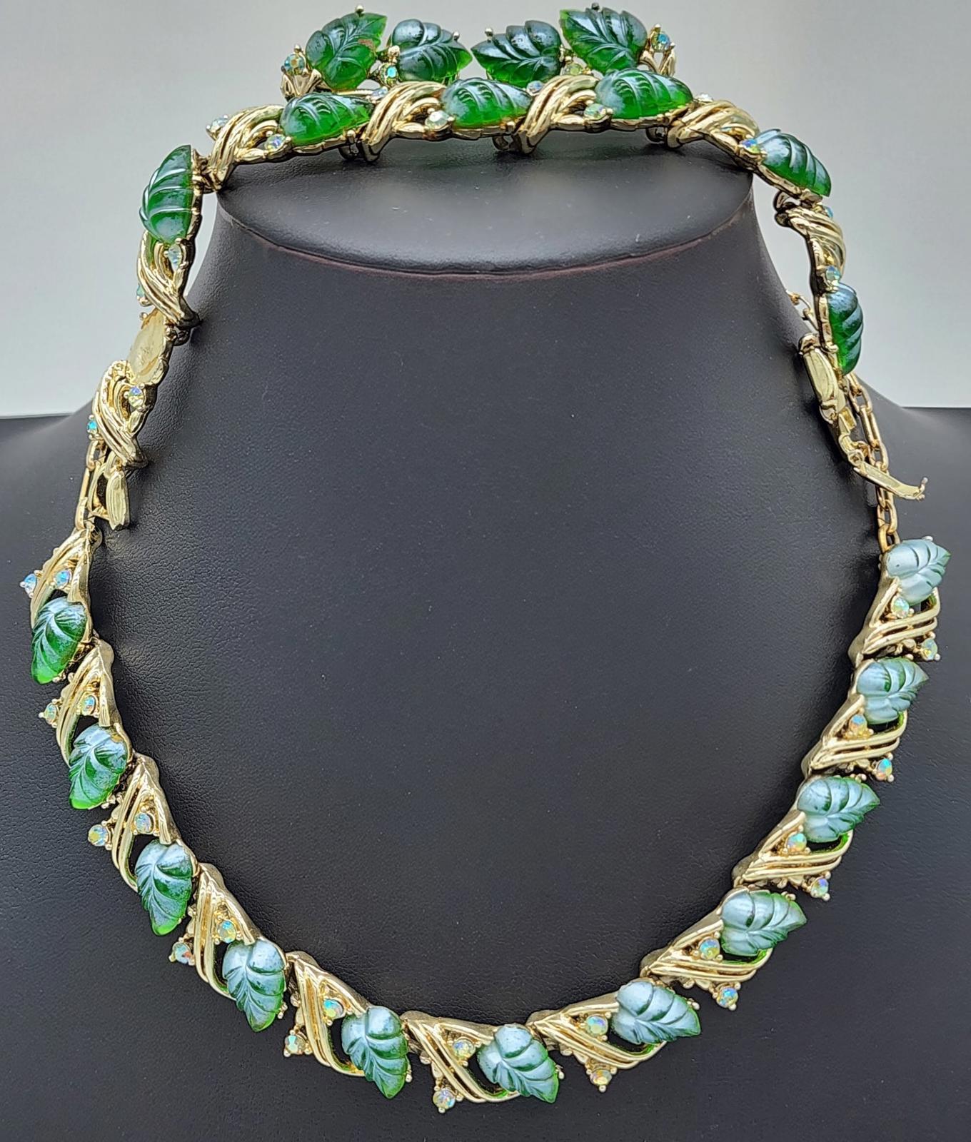 Vintage Signed Star Emerald Green Jelly Leaf Aurora Borealis Parure Set 1960s
