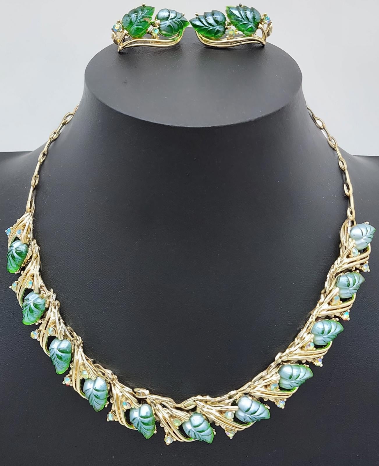 Vintage Signed Star Emerald Green Jelly Leaf Aurora Borealis Parure Set 1960s