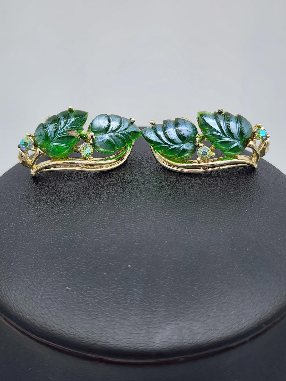 Vintage Signed Star Emerald Green Jelly Leaf Aurora Borealis Parure Set 1960s