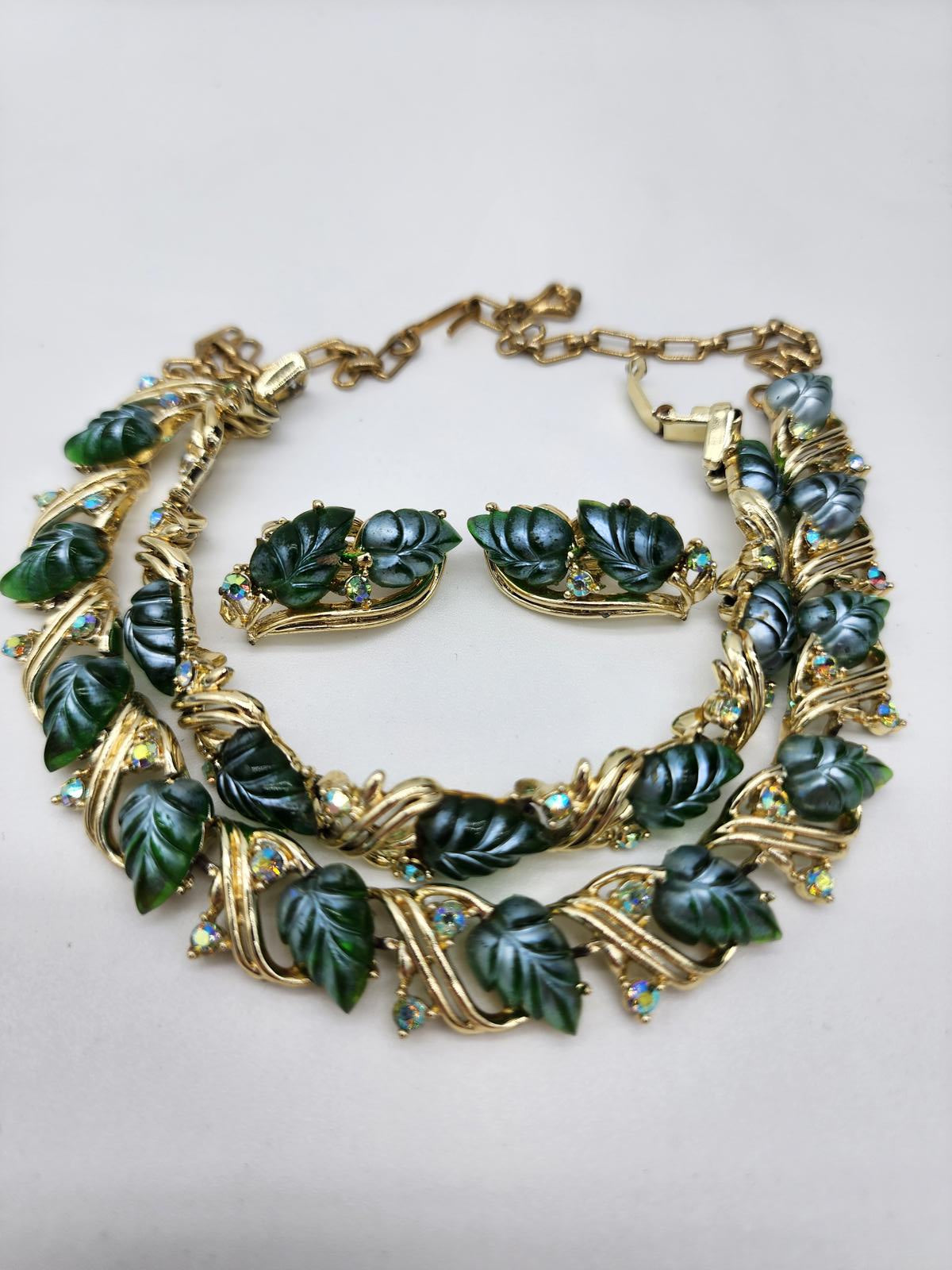 Vintage Signed Star Emerald Green Jelly Leaf Aurora Borealis Parure Set 1960s