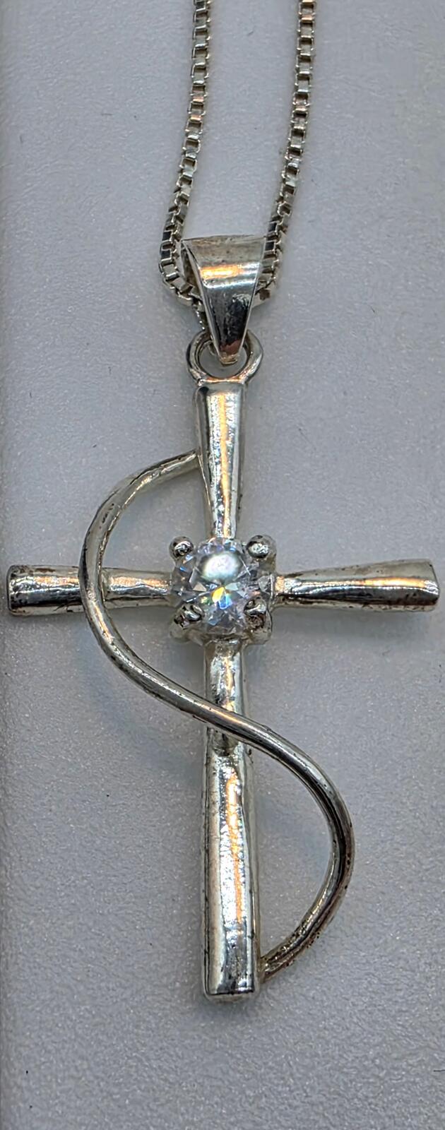 Sterling Silver Cross Necklace Signed 925 Italy Arezzo Chain & HAN925 Thai Pendant CZ Diamond 20.5"