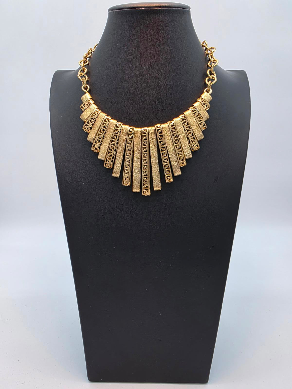 Vintage Gold Cleopatra Egyptian Revival Collar Necklace, Latticework, Marked FL