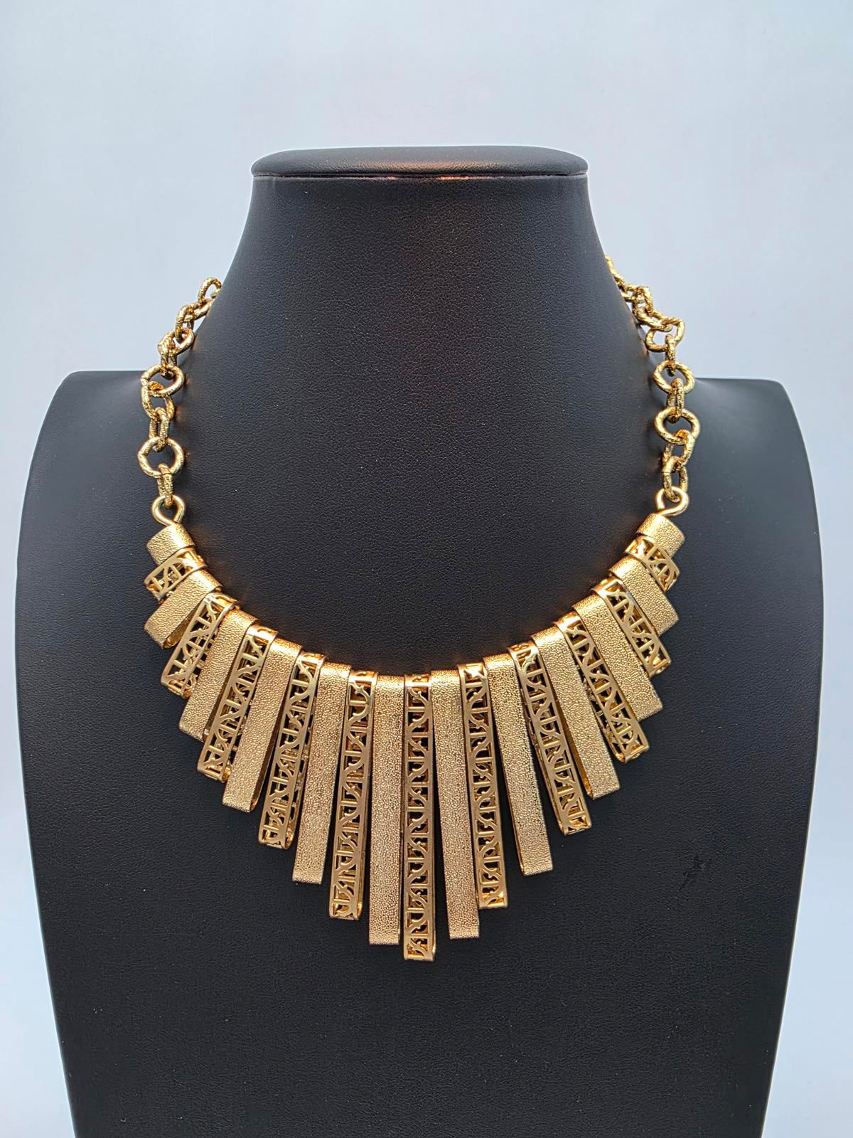 Vintage Gold Cleopatra Egyptian Revival Collar Necklace, Latticework, Marked FL