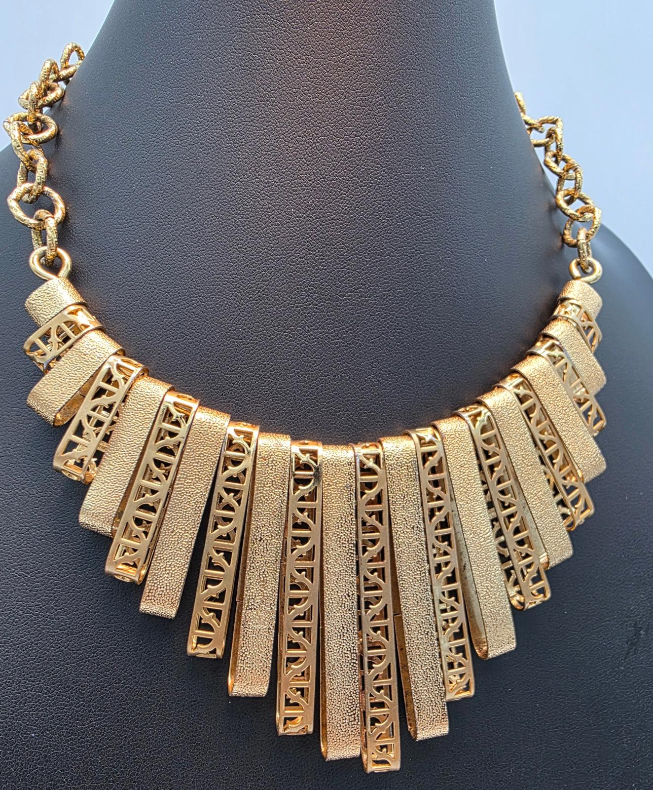 Vintage Gold Cleopatra Egyptian Revival Collar Necklace, Latticework, Marked FL