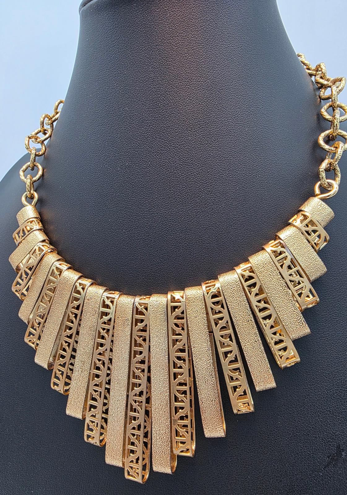 Vintage Gold Cleopatra Egyptian Revival Collar Necklace, Latticework, Marked FL