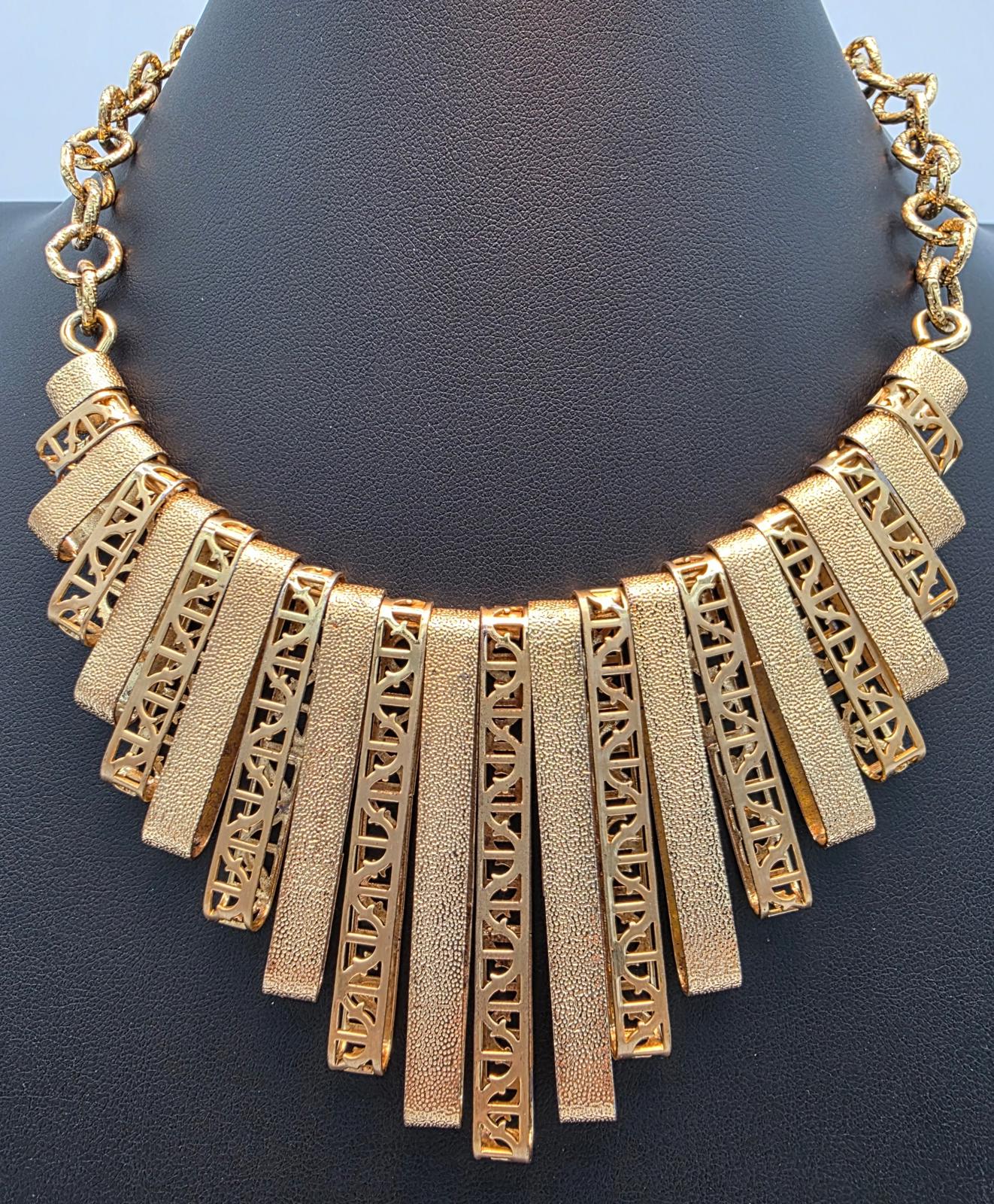 Vintage Gold Cleopatra Egyptian Revival Collar Necklace, Latticework, Marked FL