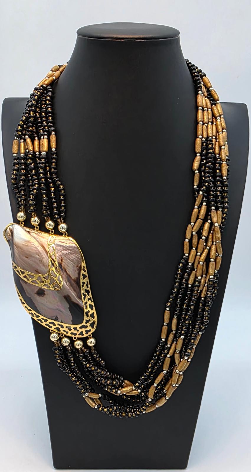 Melo Shell Mother of Pearl Multi Strand Gold Filigree Necklace Black and Gold