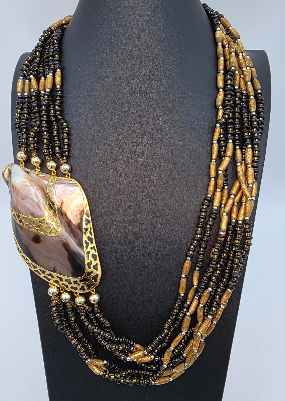 Melo Shell Mother of Pearl Multi Strand Gold Filigree Necklace Black and Gold