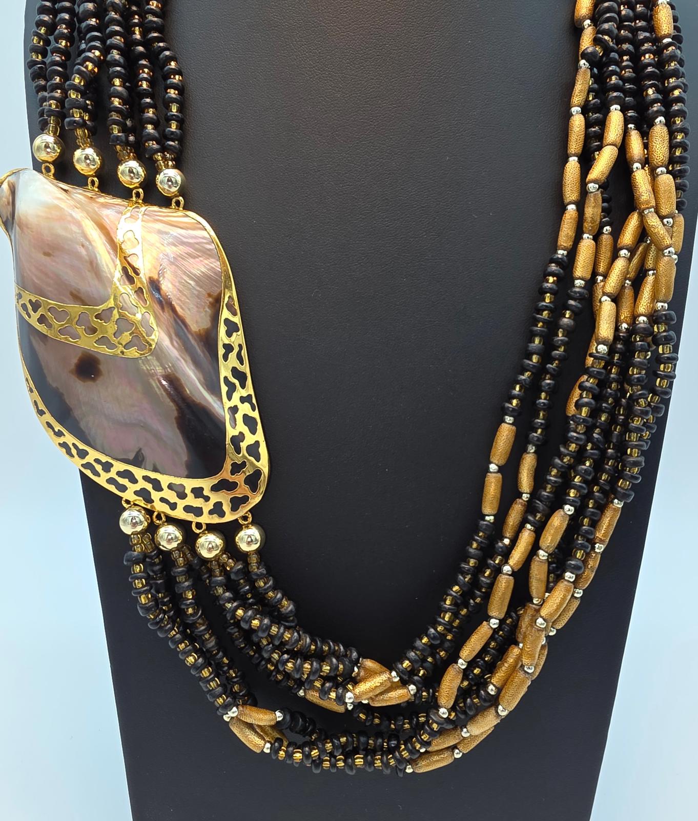 Melo Shell Mother of Pearl Multi Strand Gold Filigree Necklace Black and Gold