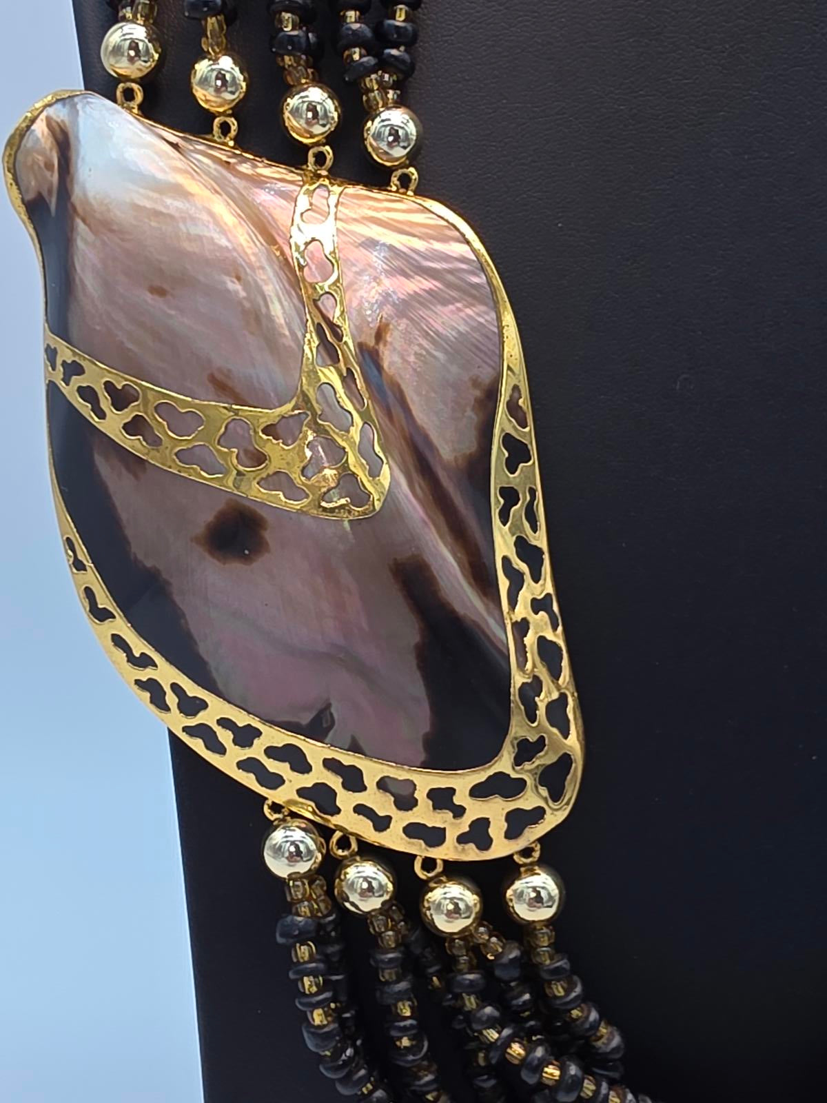 Melo Shell Mother of Pearl Multi Strand Gold Filigree Necklace Black and Gold