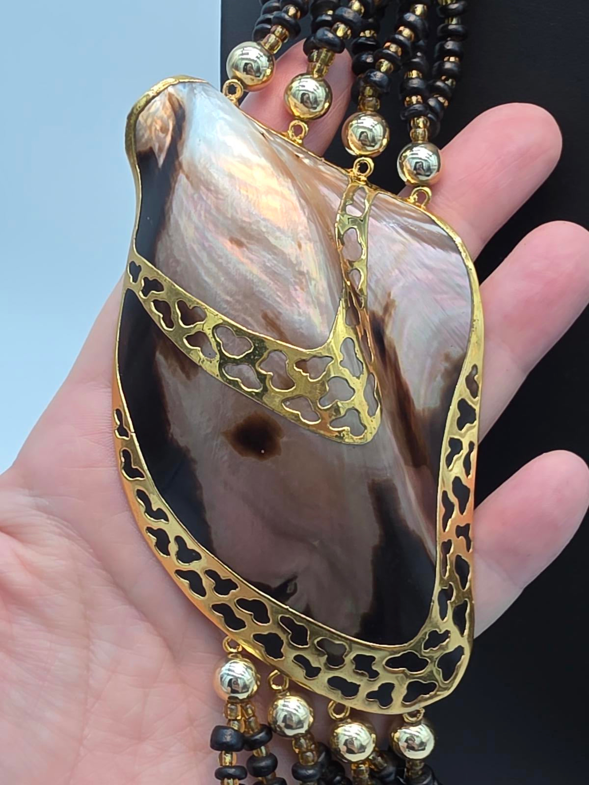 Melo Shell Mother of Pearl Multi Strand Gold Filigree Necklace Black and Gold
