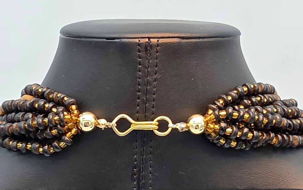 Melo Shell Mother of Pearl Multi Strand Gold Filigree Necklace Black and Gold
