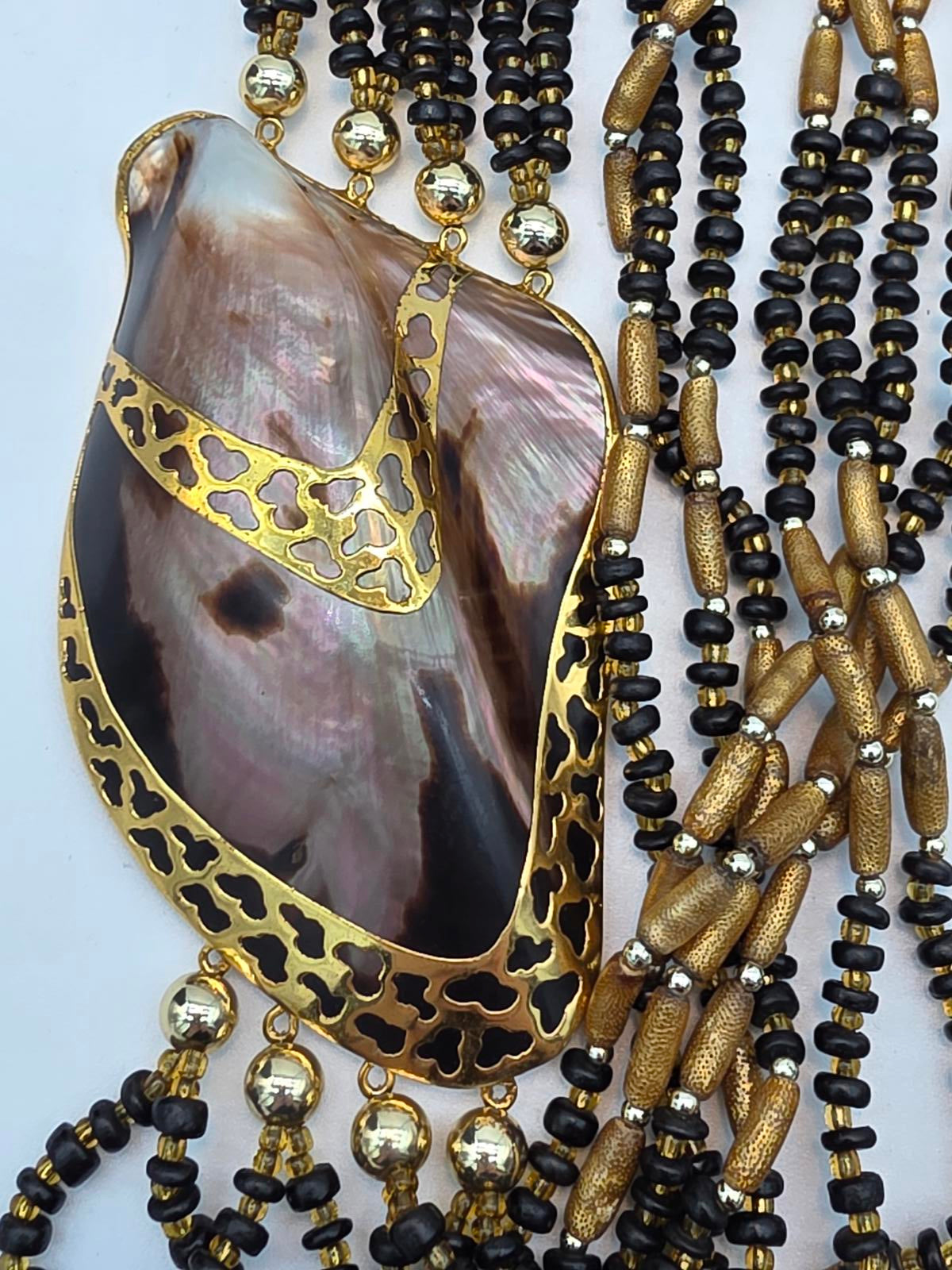 Melo Shell Mother of Pearl Multi Strand Gold Filigree Necklace Black and Gold