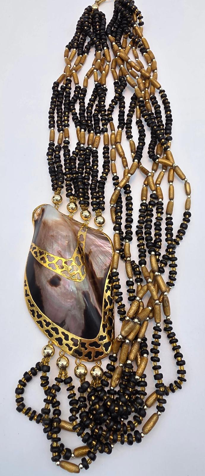 Melo Shell Mother of Pearl Multi Strand Gold Filigree Necklace Black and Gold