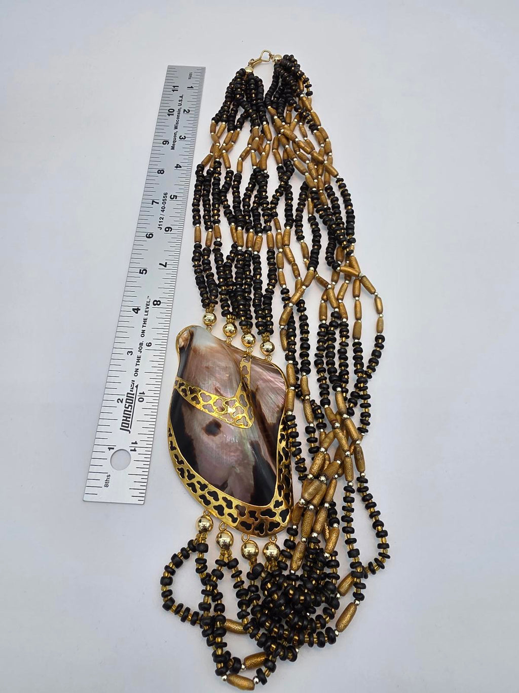 Melo Shell Mother of Pearl Multi Strand Gold Filigree Necklace Black and Gold
