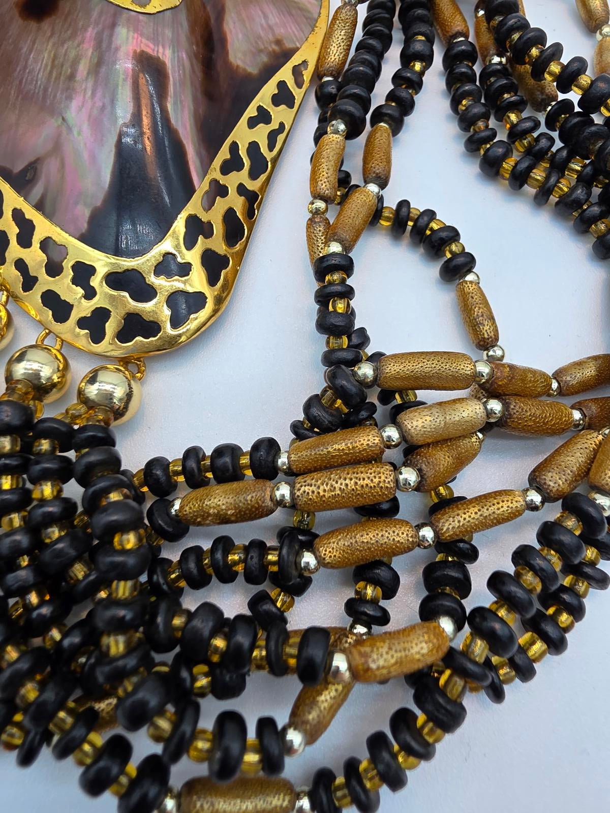 Melo Shell Mother of Pearl Multi Strand Gold Filigree Necklace Black and Gold