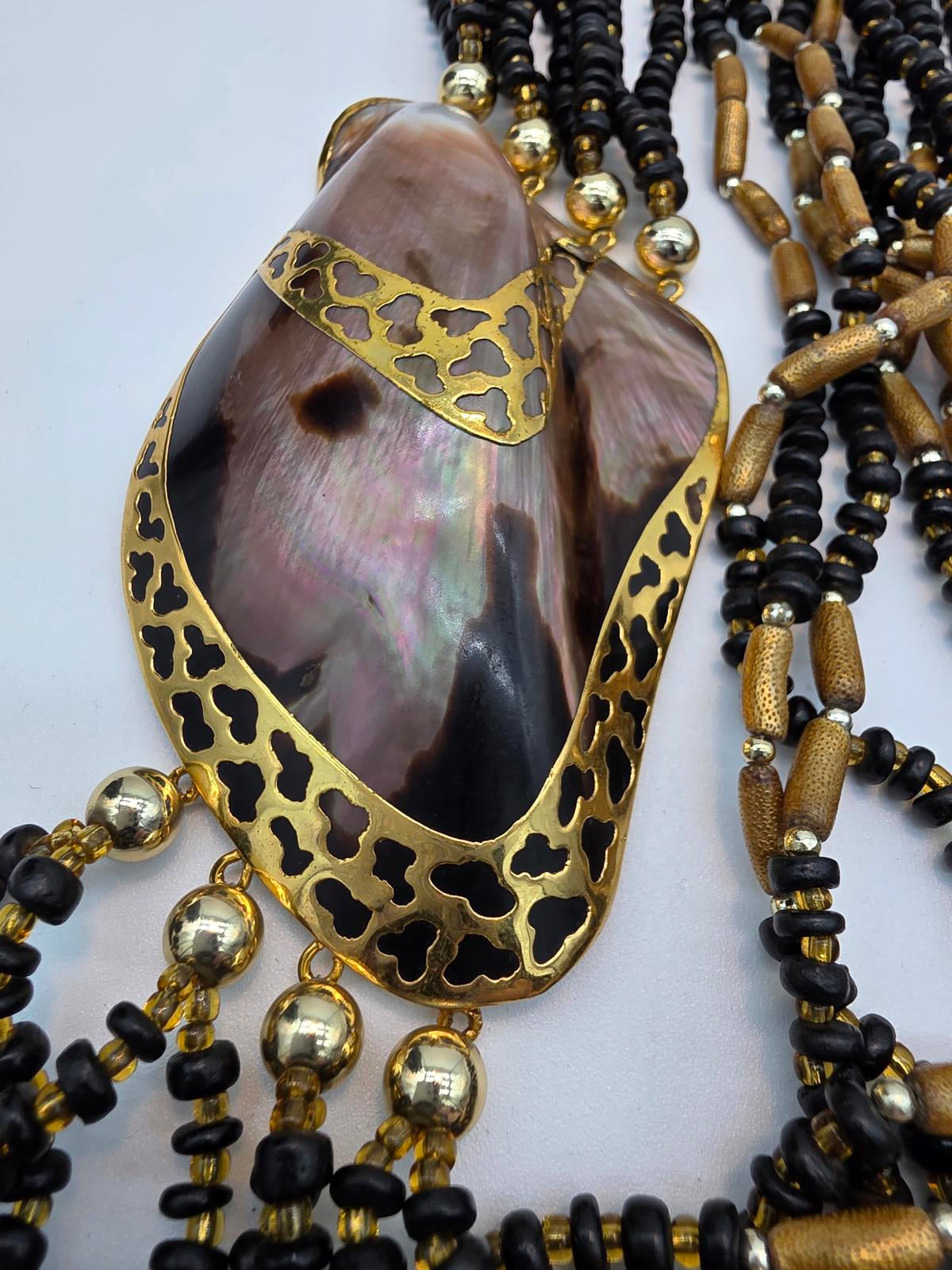Melo Shell Mother of Pearl Multi Strand Gold Filigree Necklace Black and Gold