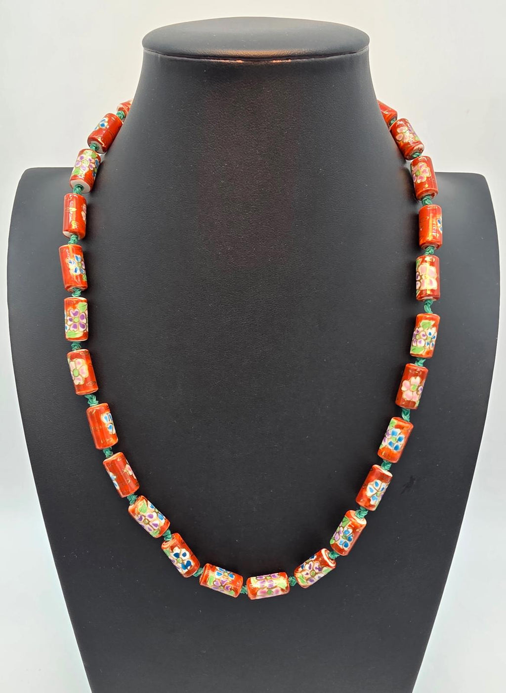 Peking Glass Style Necklace, Hand Painted Floral, Gold Gilt, Hand Knotted Silk