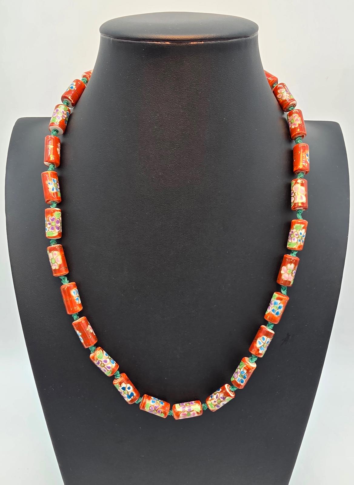 Peking Glass Style Necklace, Hand Painted Floral, Gold Gilt, Hand Knotted Silk
