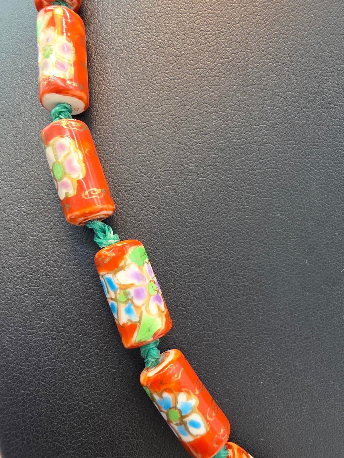 Peking Glass Style Necklace, Hand Painted Floral, Gold Gilt, Hand Knotted Silk