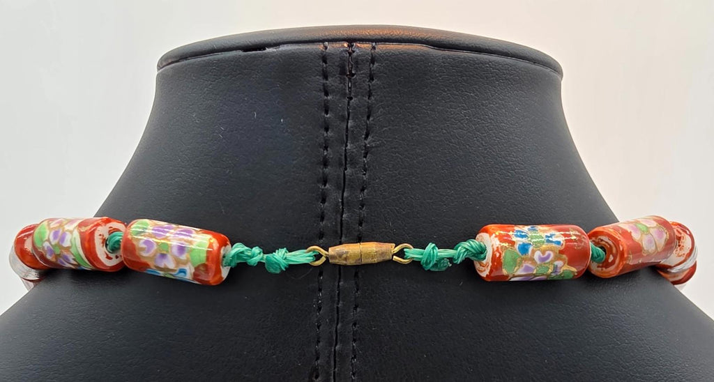 Peking Glass Style Necklace, Hand Painted Floral, Gold Gilt, Hand Knotted Silk