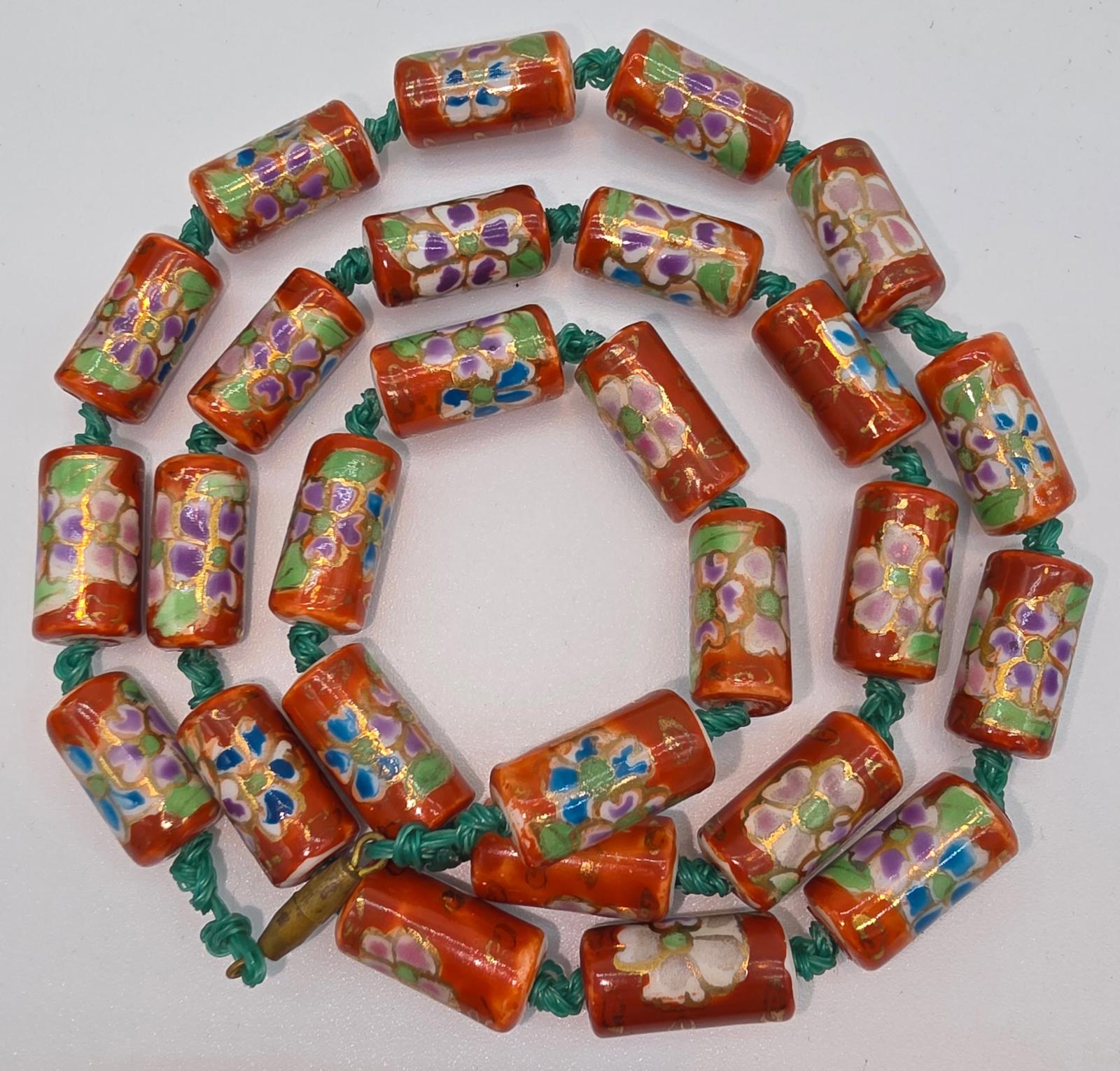 Peking Glass Style Necklace, Hand Painted Floral, Gold Gilt, Hand Knotted Silk
