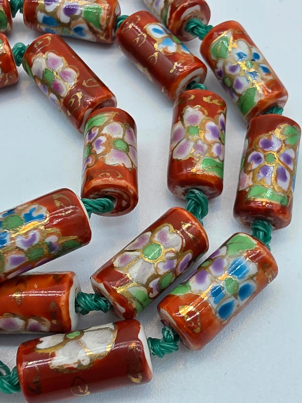 Peking Glass Style Necklace, Hand Painted Floral, Gold Gilt, Hand Knotted Silk