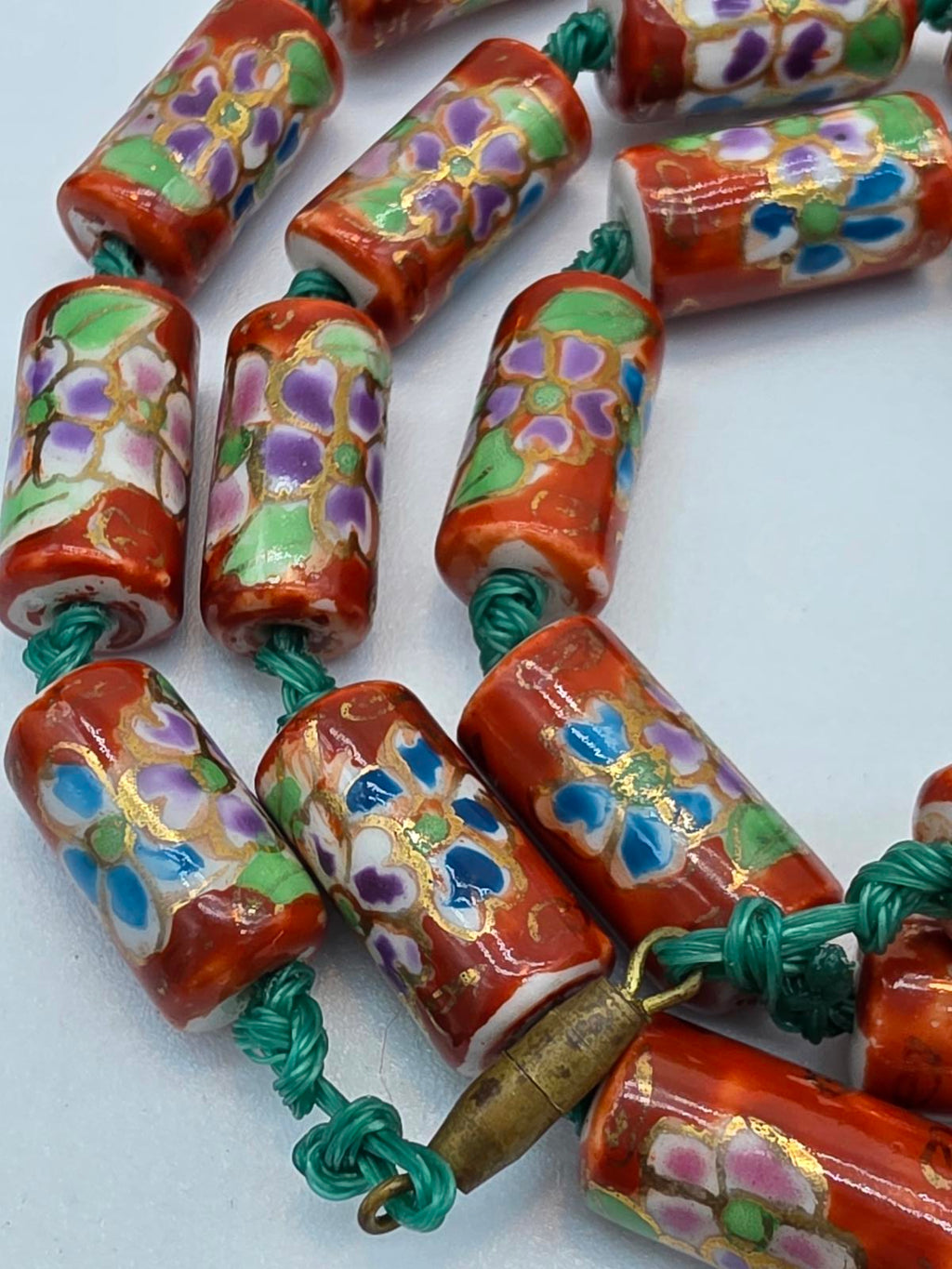 Peking Glass Style Necklace, Hand Painted Floral, Gold Gilt, Hand Knotted Silk