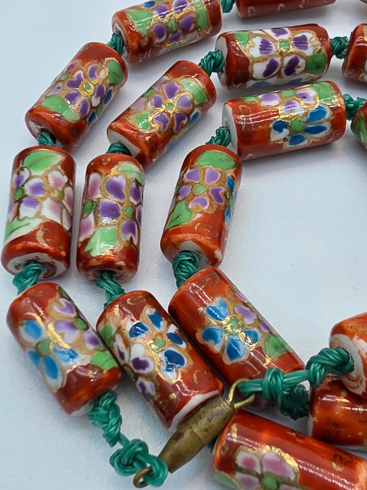 Peking Glass Style Necklace, Hand Painted Floral, Gold Gilt, Hand Knotted Silk