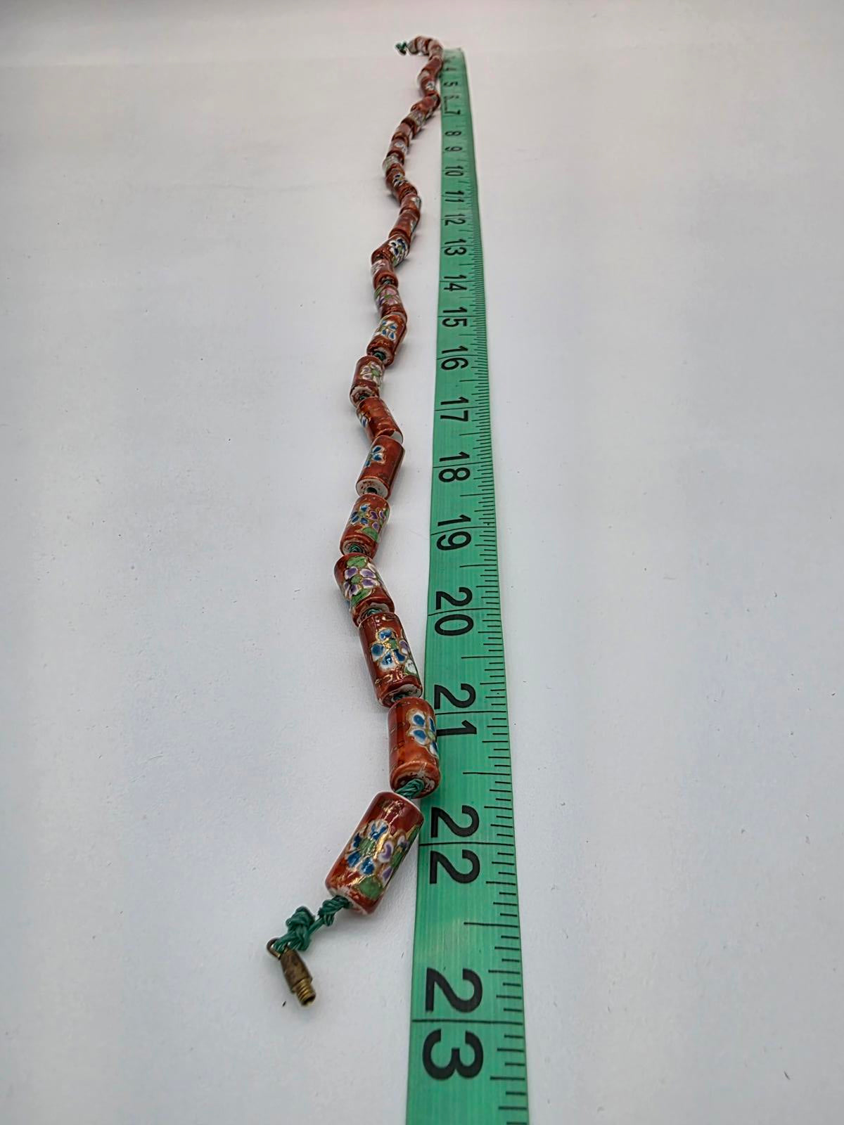 Peking Glass Style Necklace, Hand Painted Floral, Gold Gilt, Hand Knotted Silk