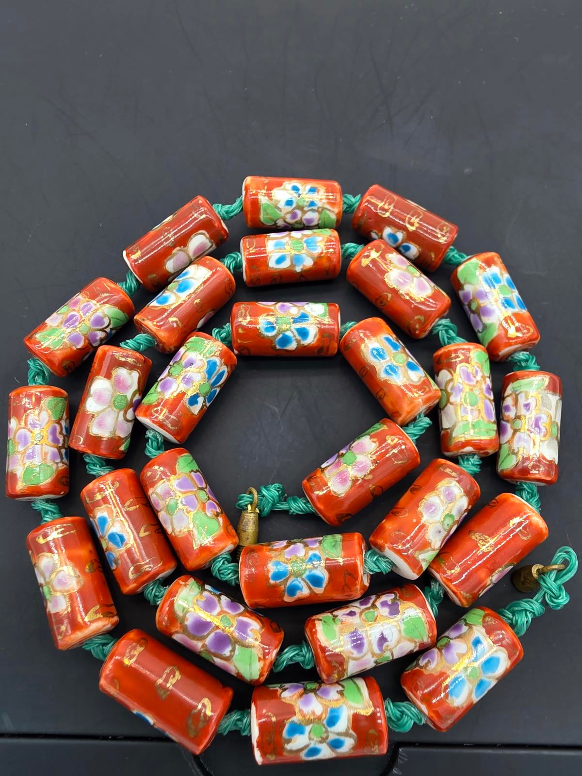 Peking Glass Style Necklace, Hand Painted Floral, Gold Gilt, Hand Knotted Silk