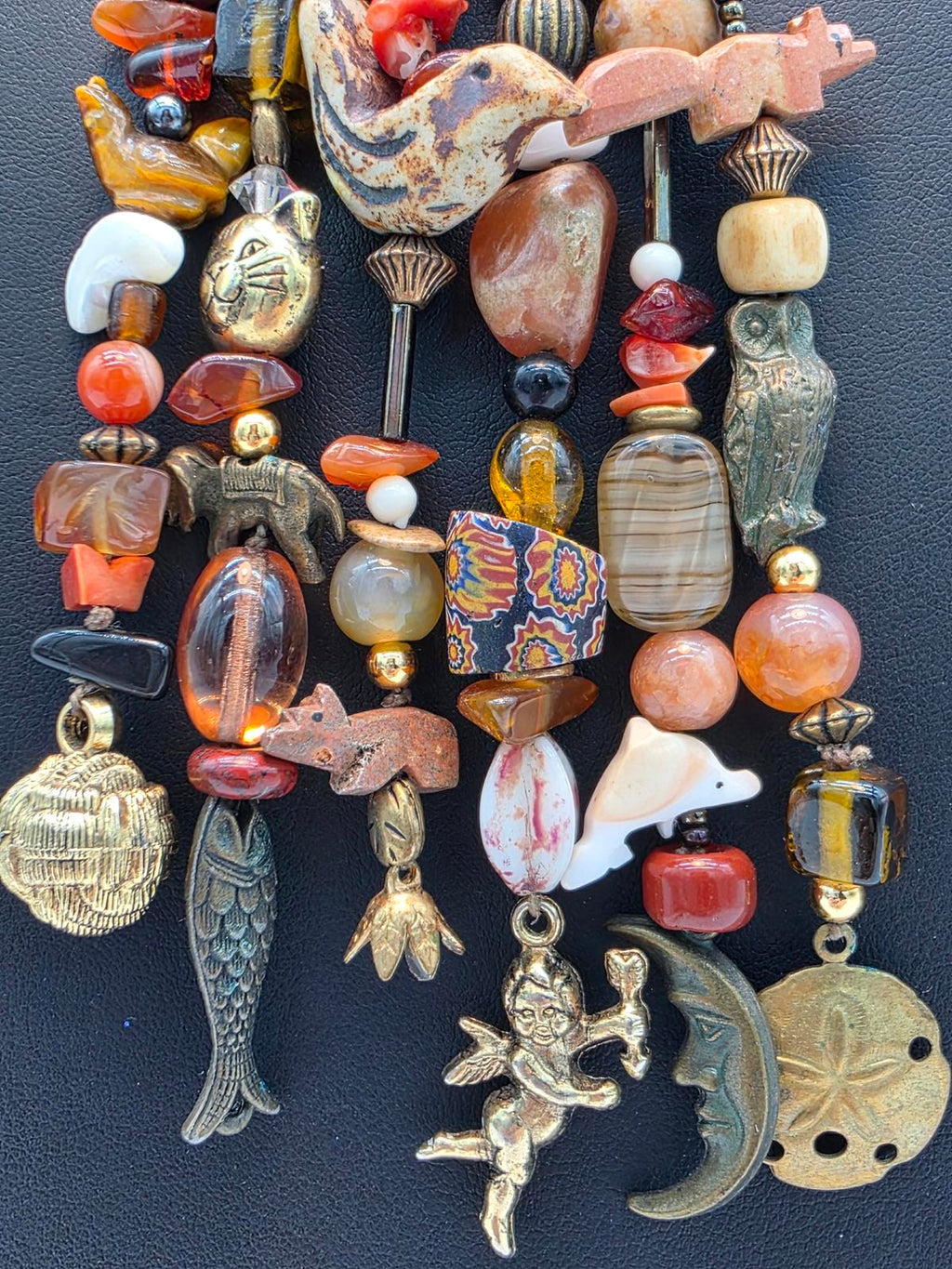 Millefiori Trade Beads Gemstones Hand Carved Animal & Carnelian Pendant Necklace
