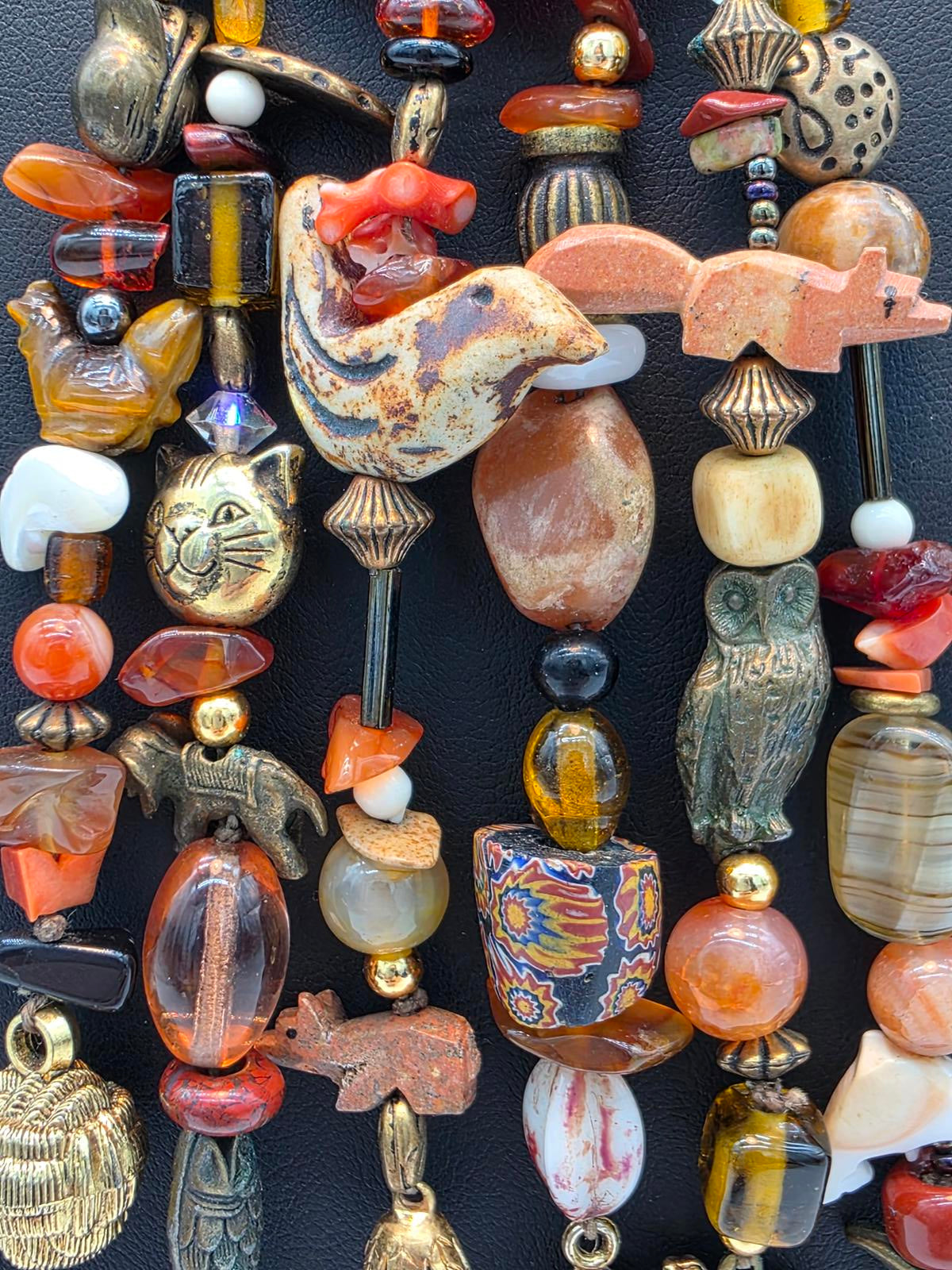 Millefiori Trade Beads Gemstones Hand Carved Animal & Carnelian Pendant Necklace