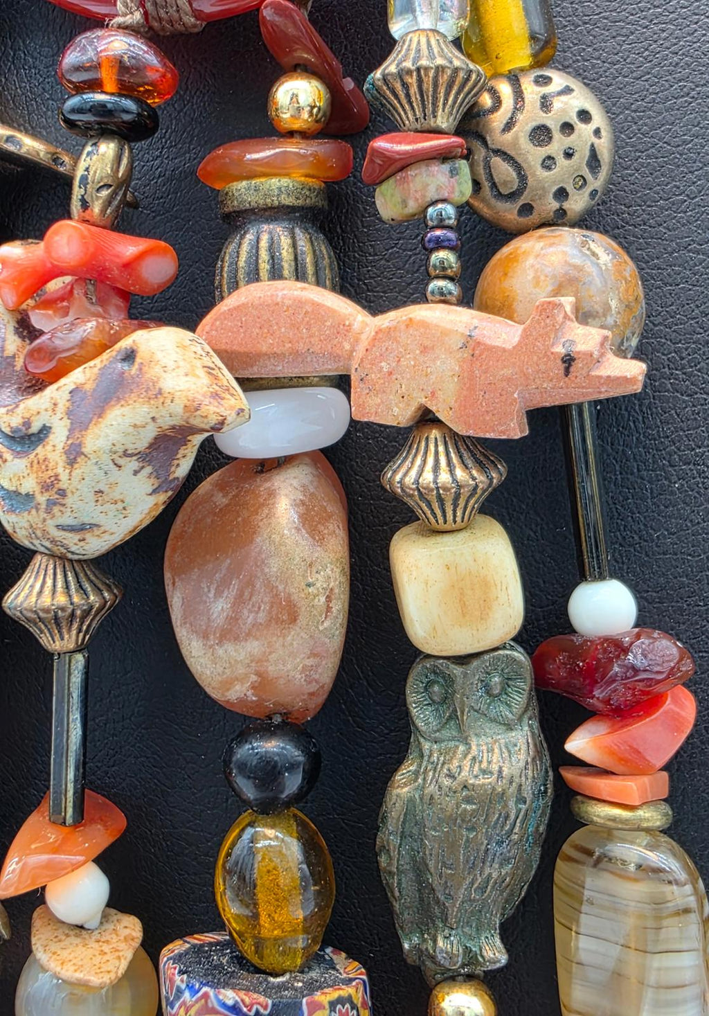 Millefiori Trade Beads Gemstones Hand Carved Animal & Carnelian Pendant Necklace