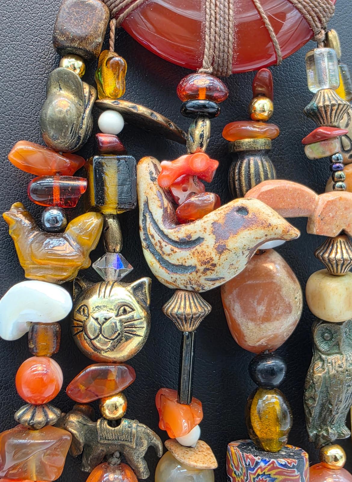 Millefiori Trade Beads Gemstones Hand Carved Animal & Carnelian Pendant Necklace
