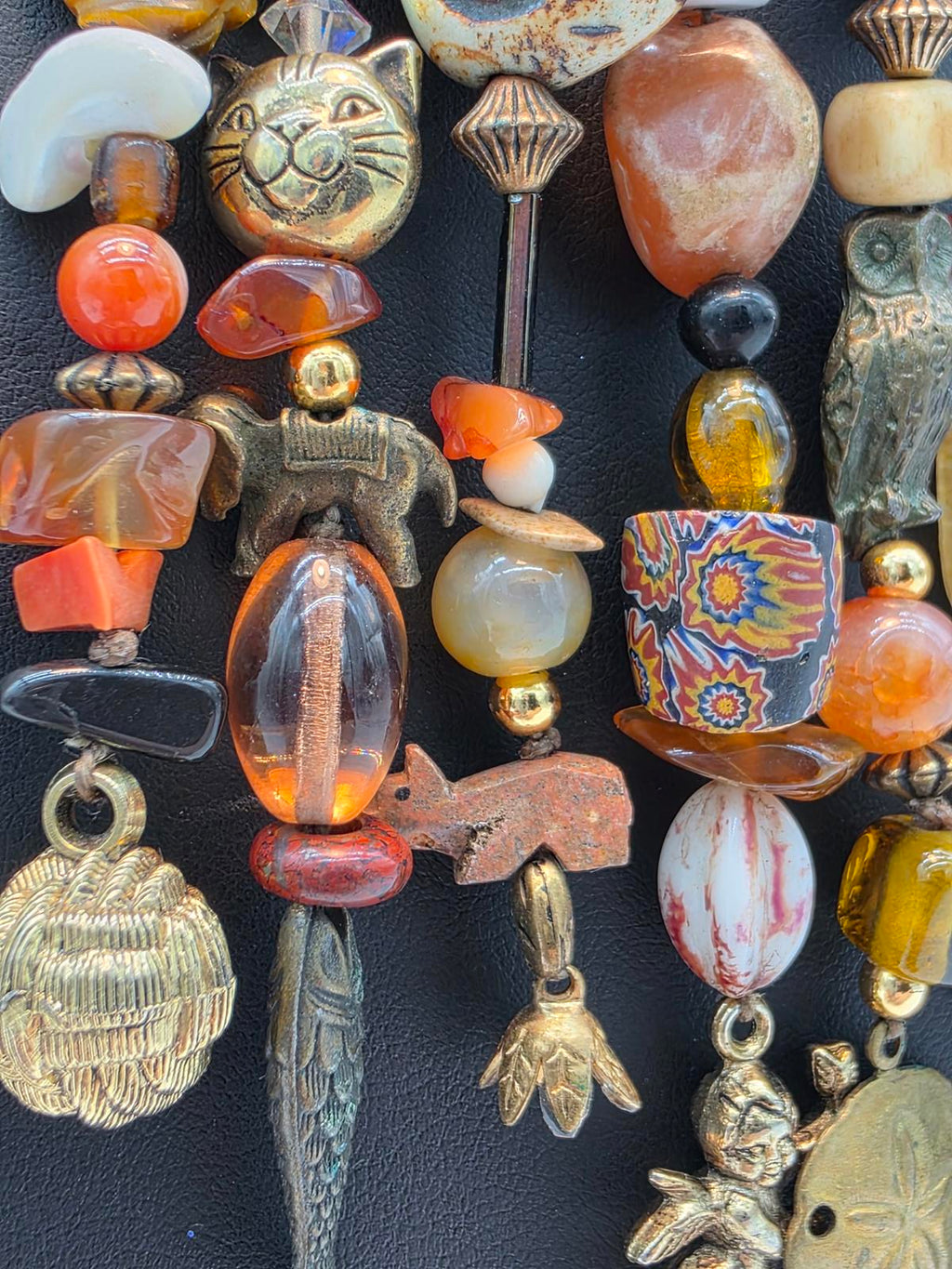 Millefiori Trade Beads Gemstones Hand Carved Animal & Carnelian Pendant Necklace