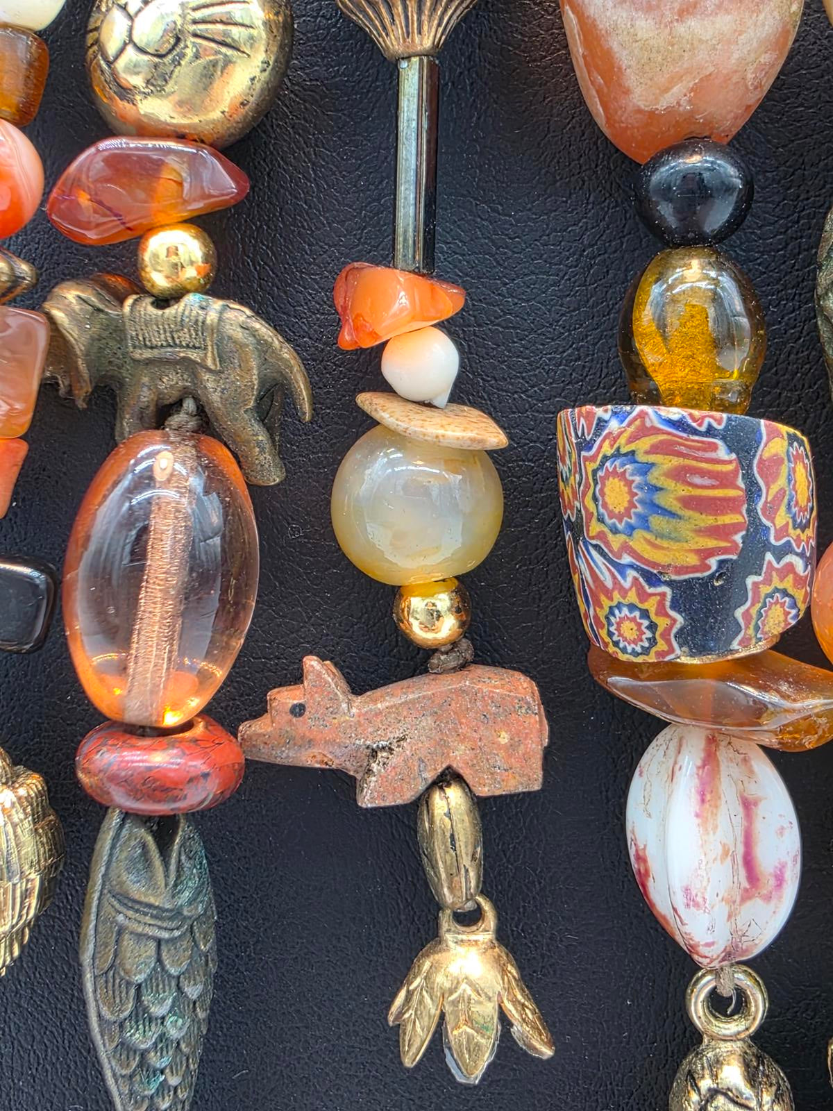 Millefiori Trade Beads Gemstones Hand Carved Animal & Carnelian Pendant Necklace