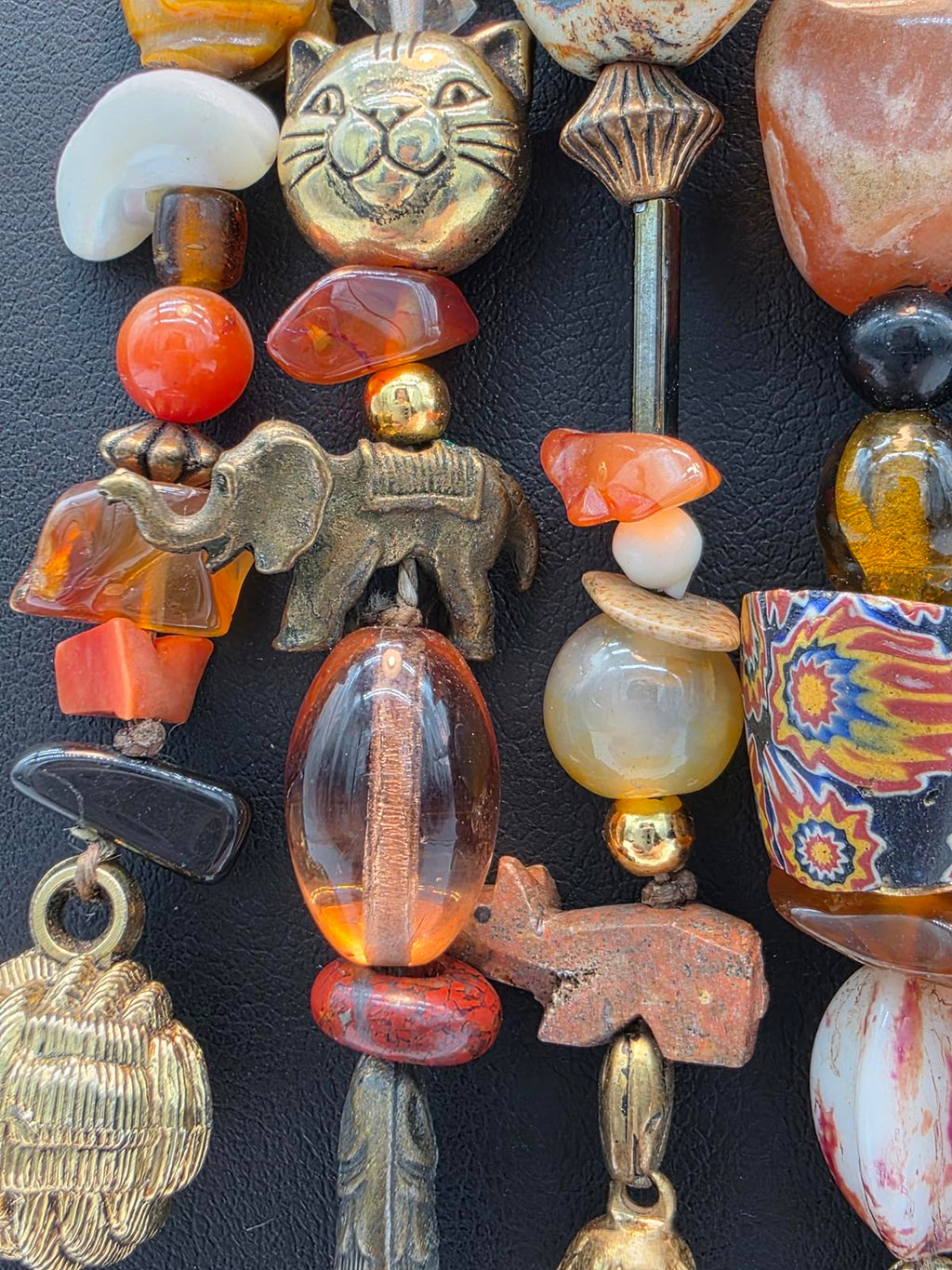 Millefiori Trade Beads Gemstones Hand Carved Animal & Carnelian Pendant Necklace