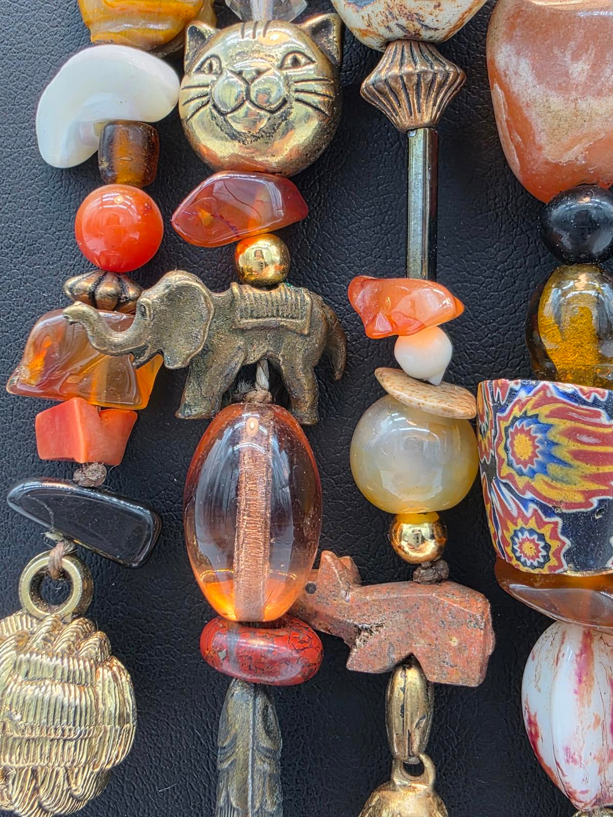 Millefiori Trade Beads Gemstones Hand Carved Animal & Carnelian Pendant Necklace