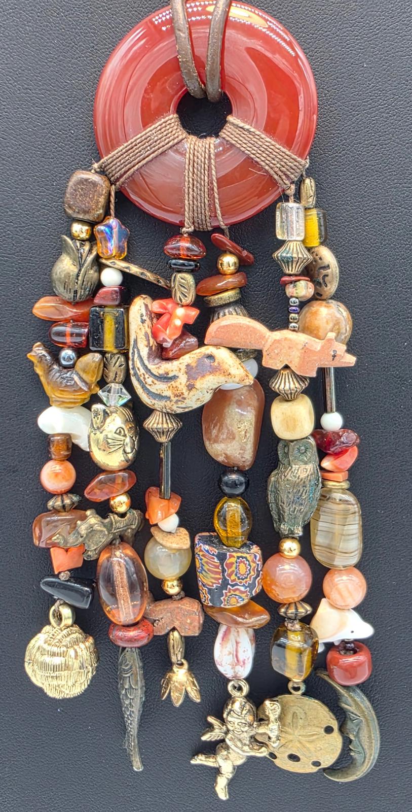 Millefiori Trade Beads Gemstones Hand Carved Animal & Carnelian Pendant Necklace