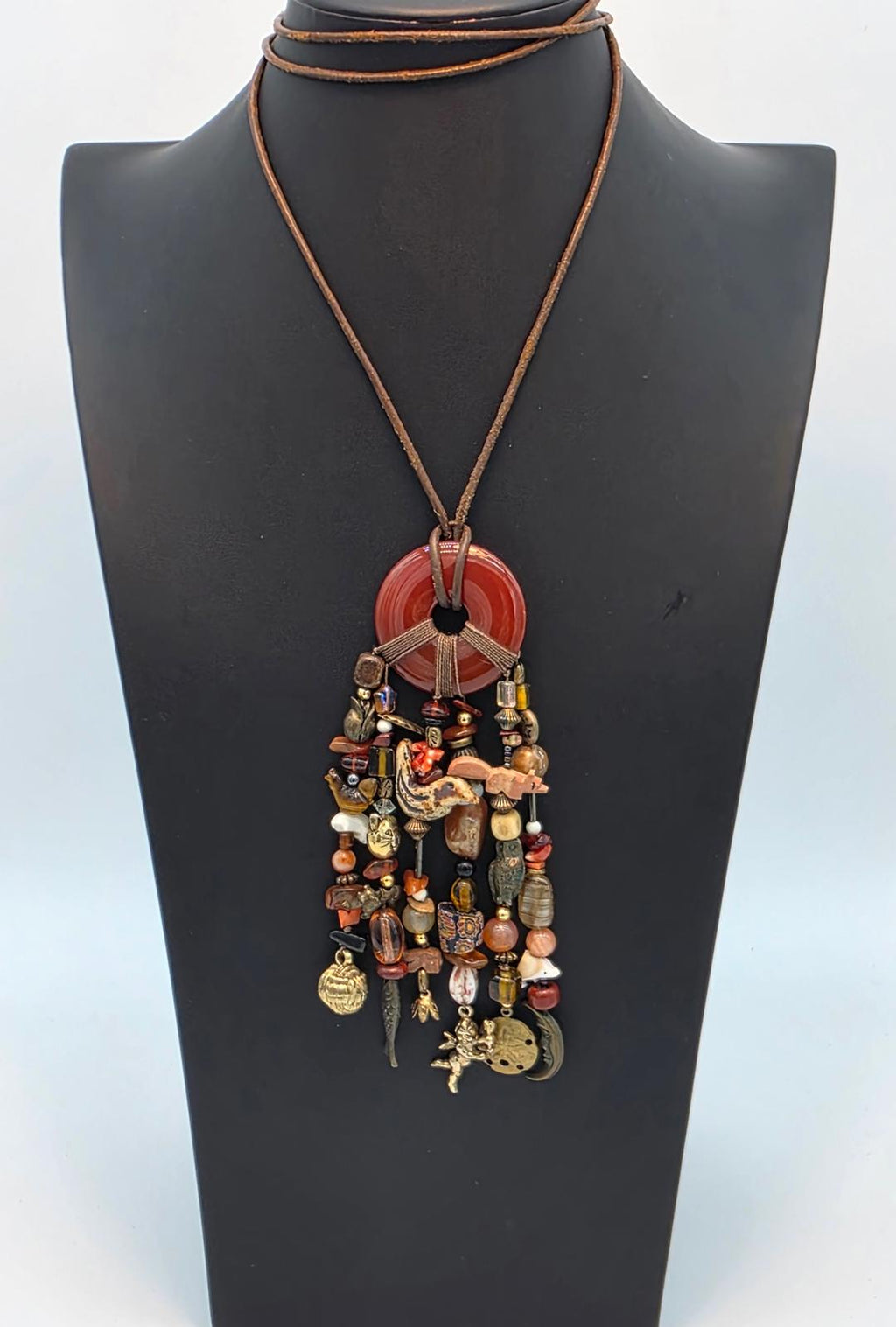 Millefiori Trade Beads Gemstones Hand Carved Animal & Carnelian Pendant Necklace