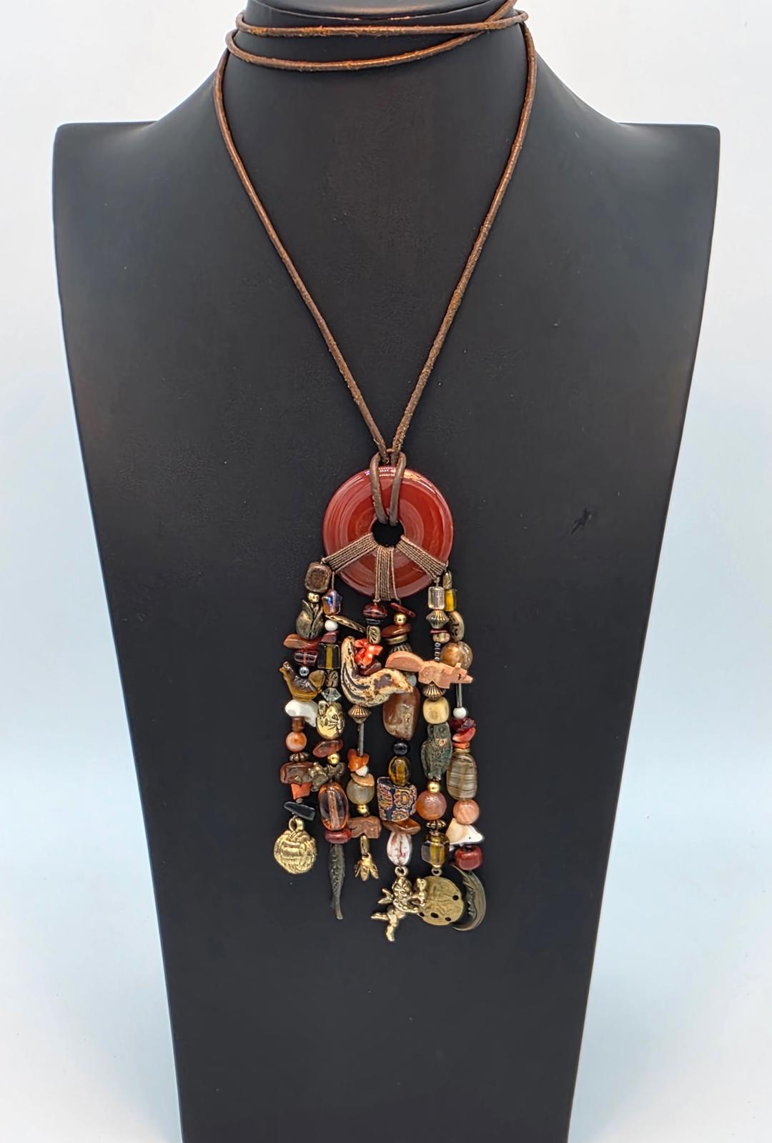 Millefiori Trade Beads Gemstones Hand Carved Animal & Carnelian Pendant Necklace