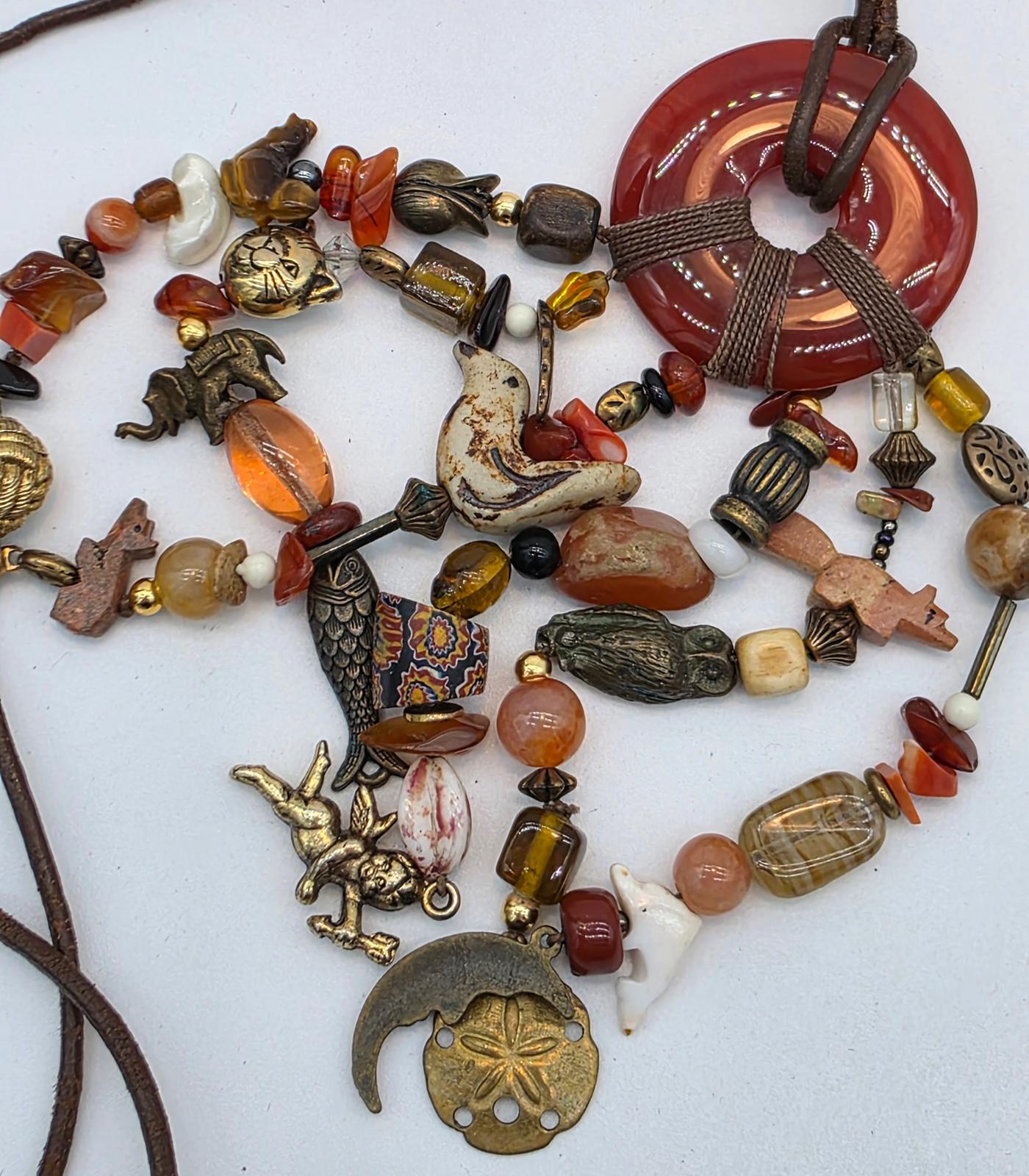 Millefiori Trade Beads Gemstones Hand Carved Animal & Carnelian Pendant Necklace